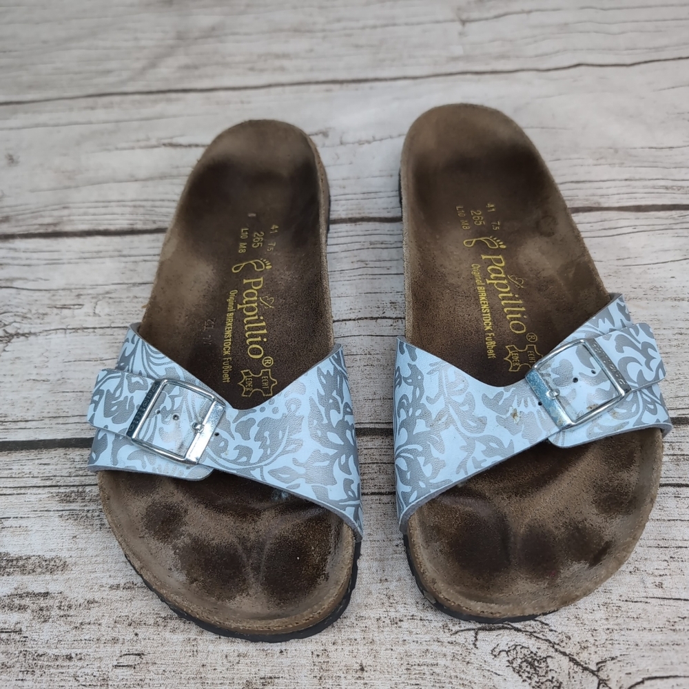 Birkenstock Papillio Madrid Slide Sandal Light Blue Metallic Floral Size 10
